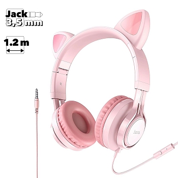 Гарнитура HOCO W36 Cat Ear 3.5мм, накладная, "ушки", 1.2м (розовый)